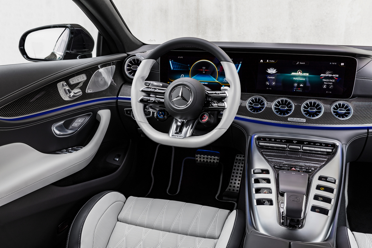 Mercedes-AMG GT 53 4MATIC+ (Kraftstoffverbrauch kombiniert: 8,7–8,6 l/100 km, CO2-Emissionen kombiniert: 198-196 g/km); Edition 2021; Exterieur: rubellitrot; Interieur: Leder Exklusiv Nappa nevagrau, Performance Lenkrad in Leder Nappa nevagrau mit Lenkradtasten;Kraftstoffverbrauch kombiniert: 8,7–8,6 l/100 km, CO2-Emissionen kombiniert: 198-196 g/km *<br /> Mercedes-AMG GT 53 4MATIC+ (combined fuel consumption: 8,7-8,6 l/100 km, combined CO2 emissions: 198-196 g/km); Edition 2021; exterior: rubellite red; interior: exclusive leather nappa neva grey, steering wheel in nappa leather neva grey with steering wheel buttons;Combined fuel consumption: 8,7-8,6 l/100 km, combined CO2 emissions: 198-196 g/km *