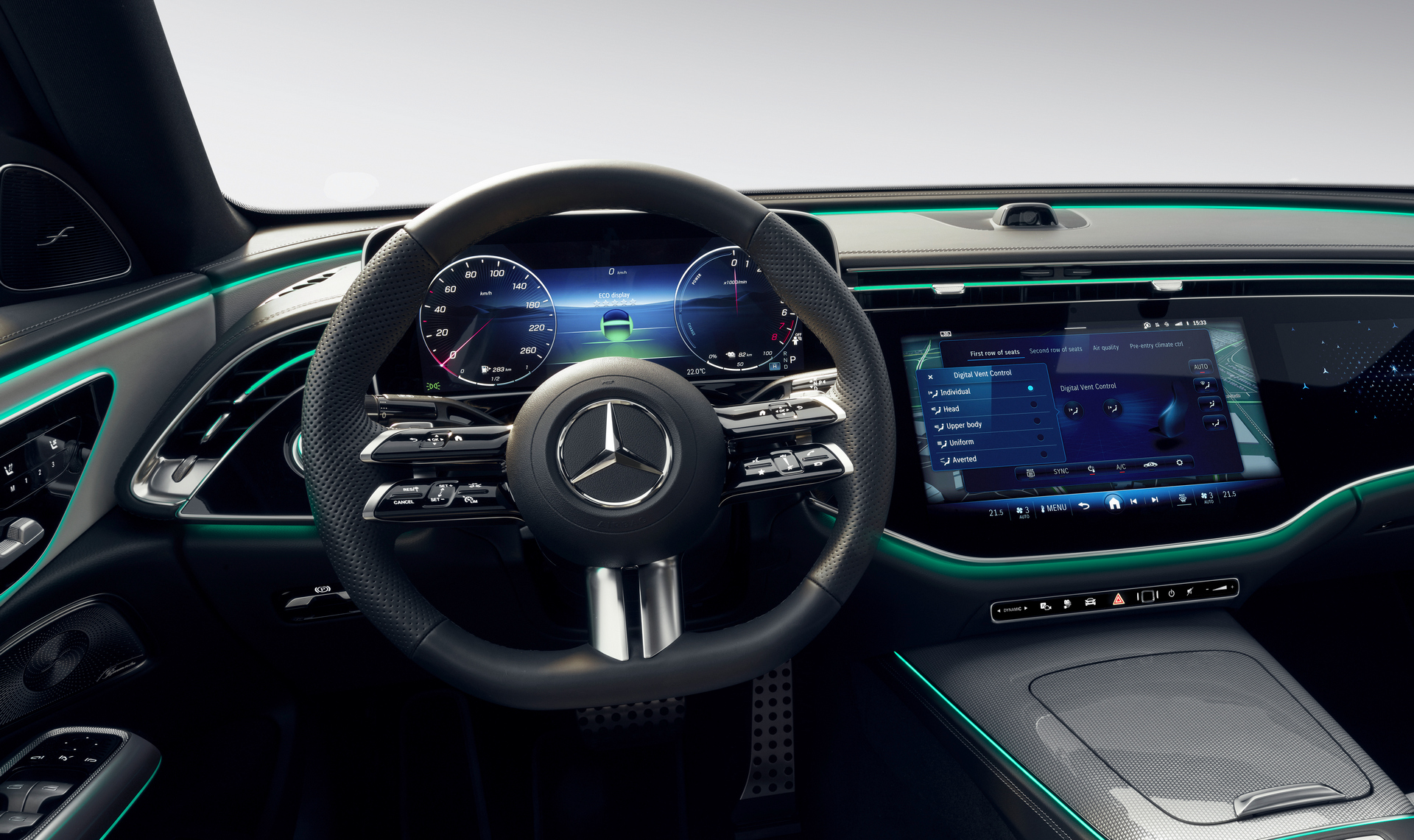 Mercedes-Benz E-Klasse | 2023: THERMOTRONIC mit Digital Vent Control ( Displayinhalt kann von Serienstand abweichen )<br />
Mercedes-Benz E-Class | 2023: THERMOTRONIC with Digital Vent Control ( Display content may differ from series status )